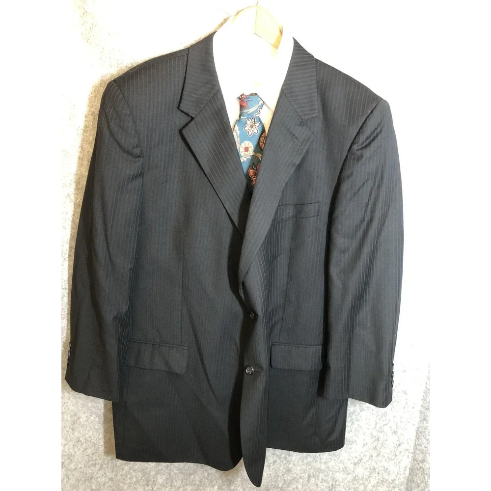 Henry Grethel Design Suit Mens 44R Black Pinstripe 2 Piece 2 Button Pleated